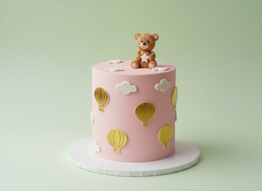 A cake decorated with a non-edible teddy bear and clouds