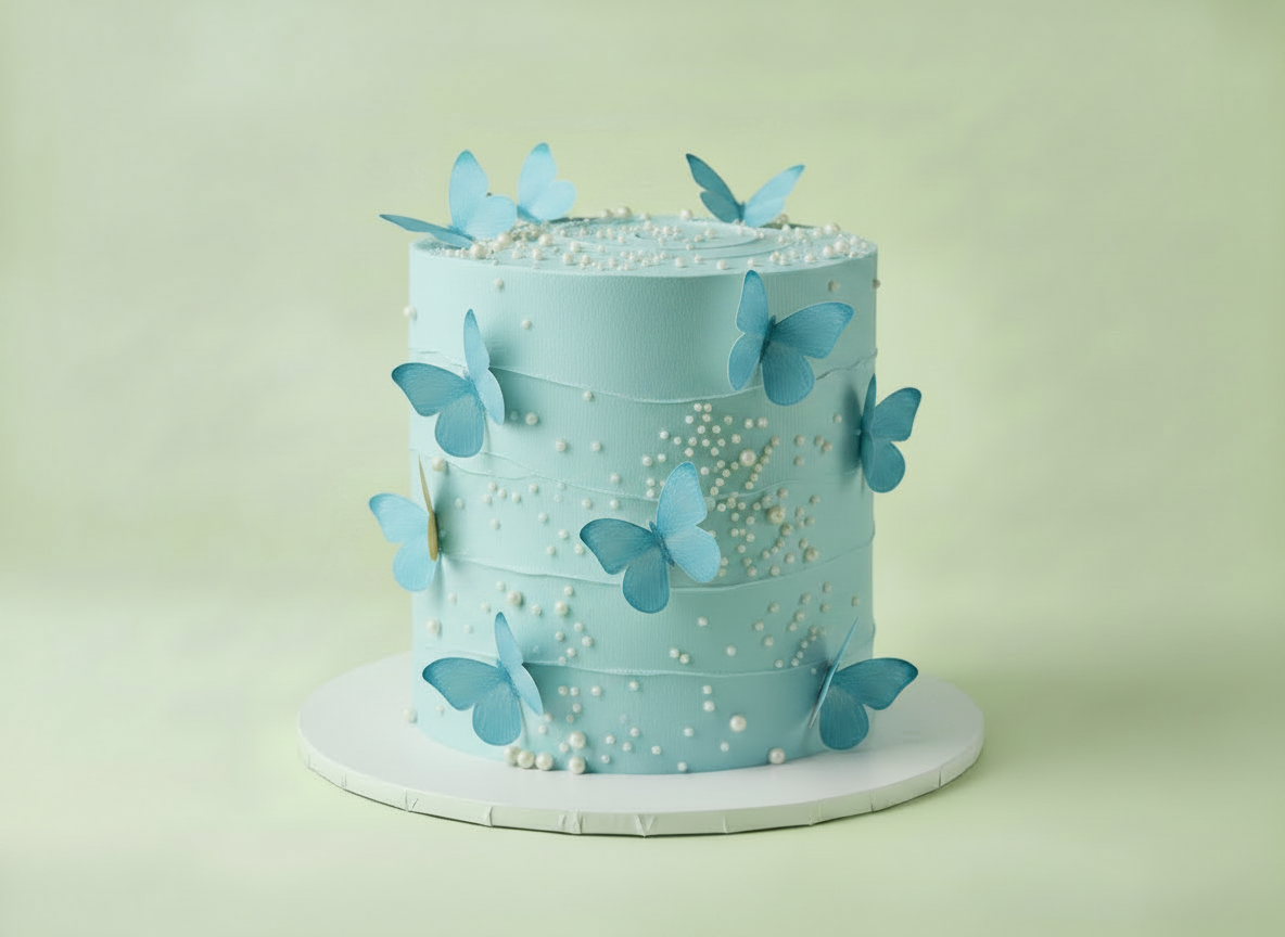 Light blue cake with butterfly decorations on a light green background