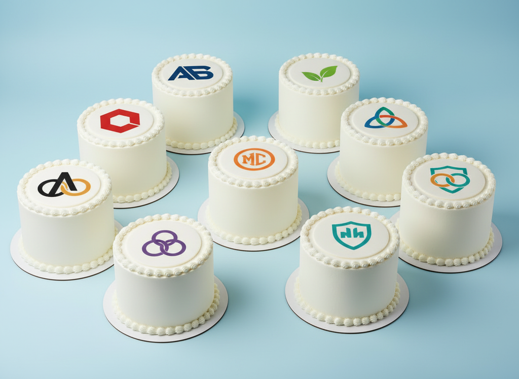 Small white cakes with various logos on a light blue background